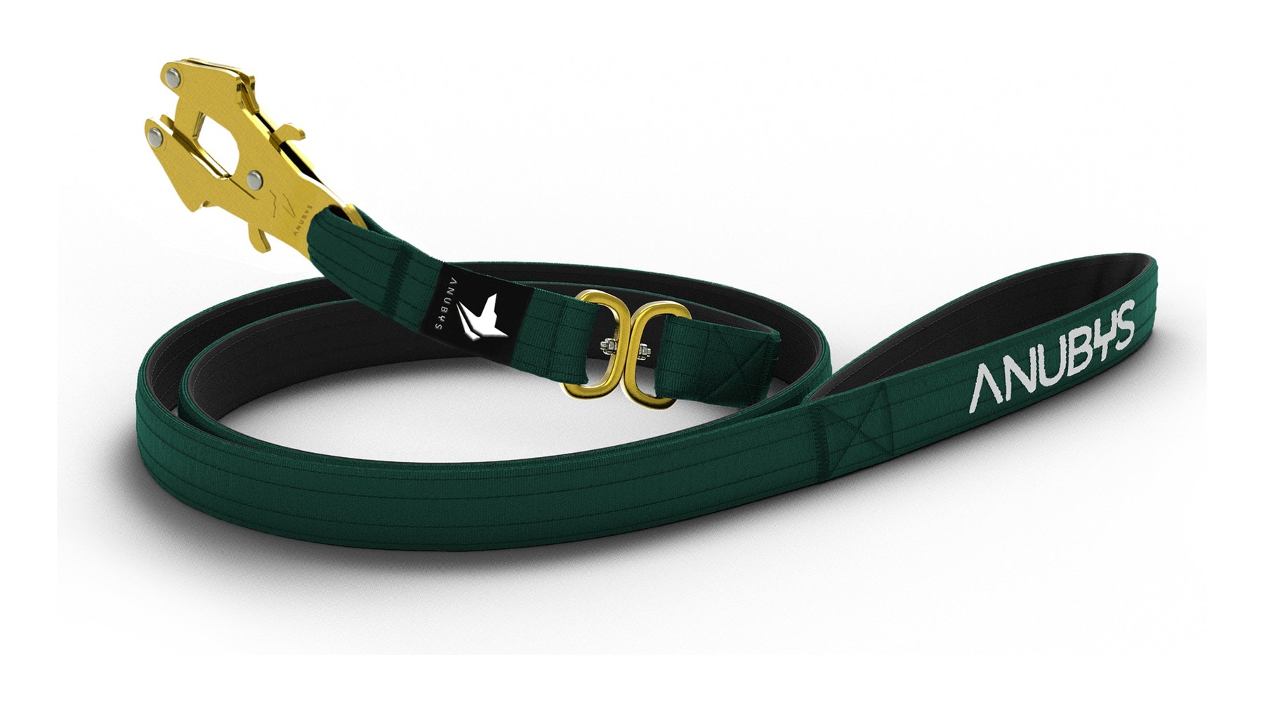 The Anubys tactical lead in emerald, coiled, with the gold trigger clip and padded handle